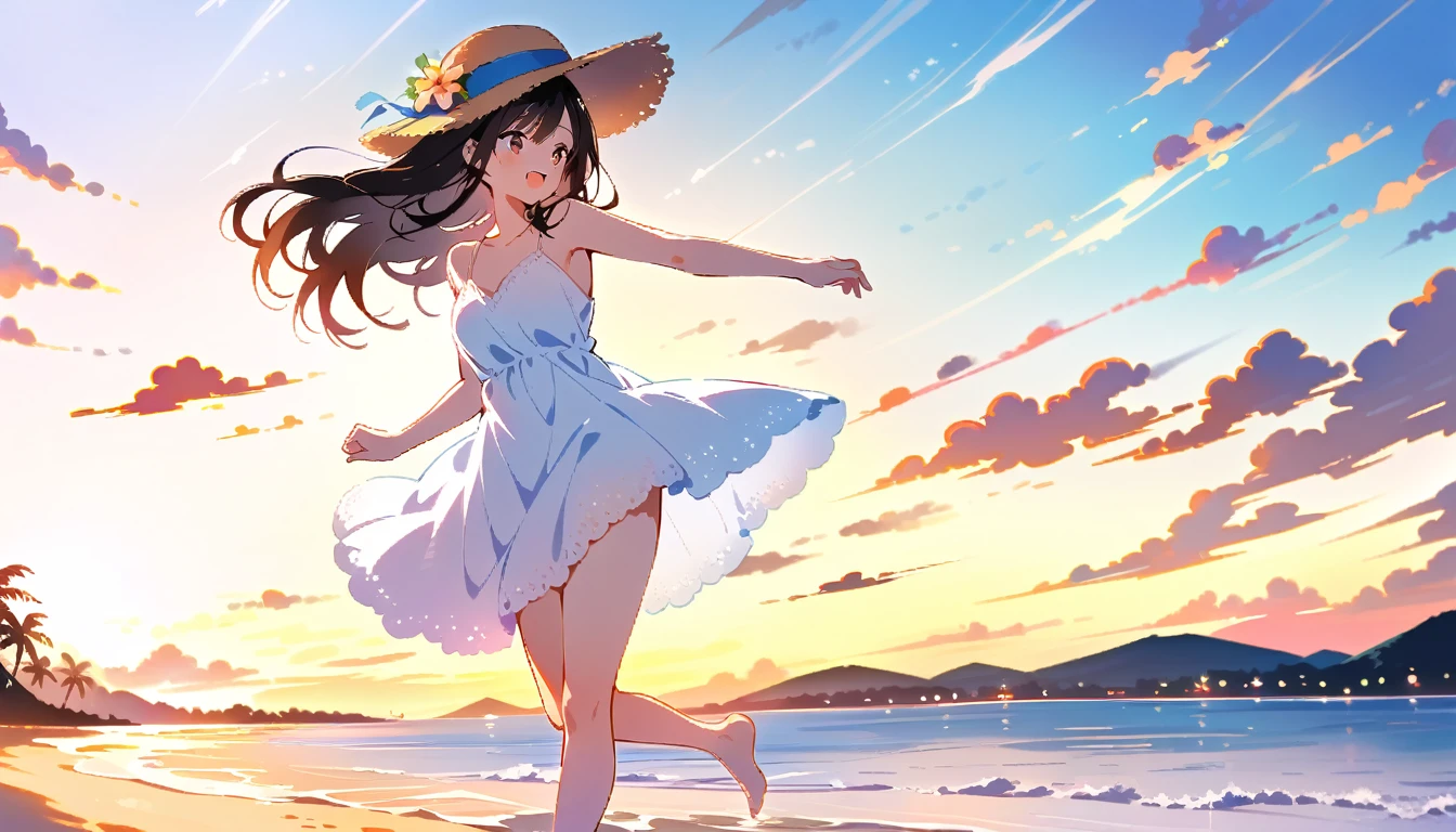 A girl with long, fluffy black hair and a white slip with lace and a hat with ribbons is dancing on the beach at dusk in midsummer.20One year old girl