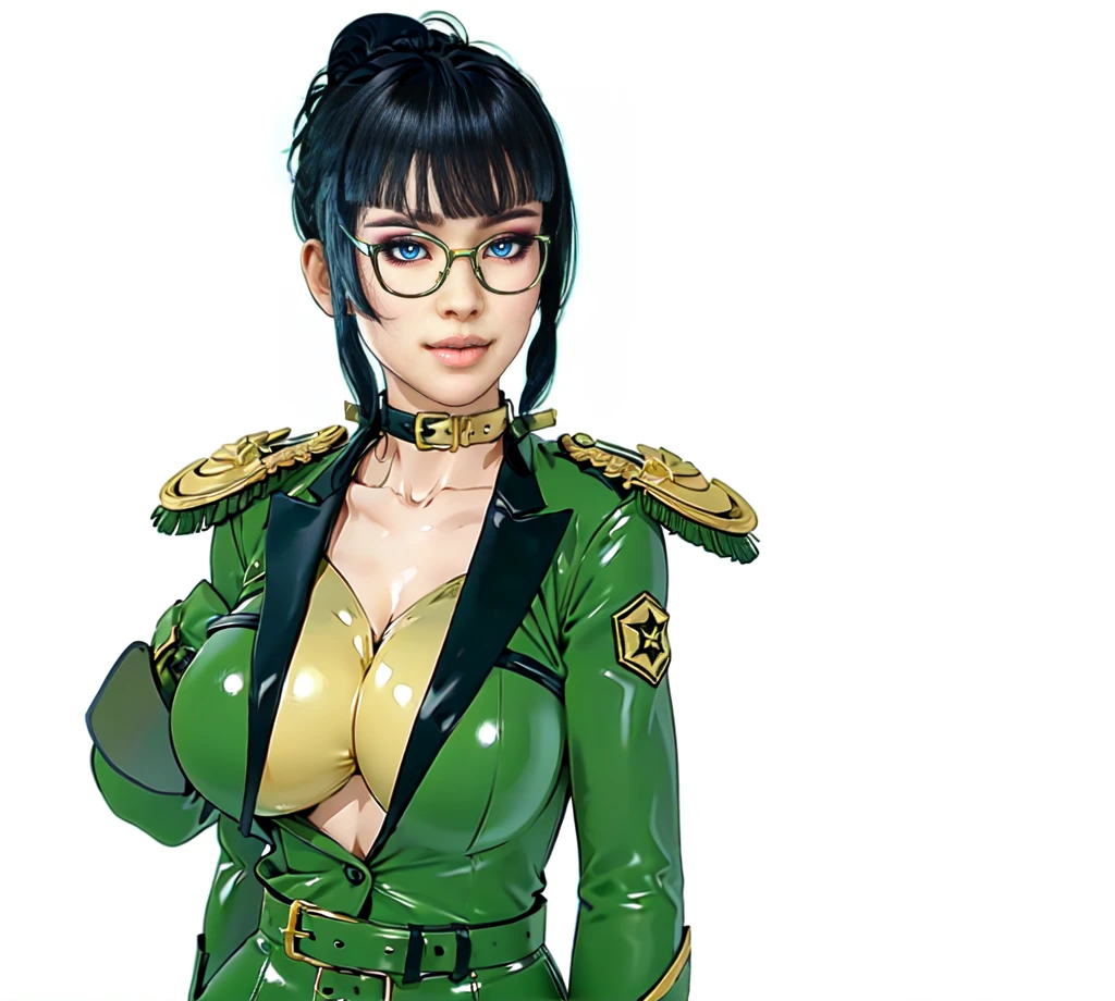 1asian porn actress milf,Dutt Haircut with bun, black hair, glasses, gold epaulet,belt,green general army officer, green latex blazer Uniform, green latex trousers,big , cleavage, black belt, standing