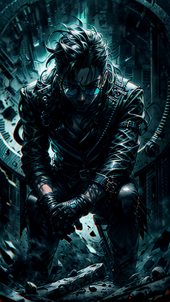 a stylish korean man with long hair tied in bun, wearing black round sunglasses, black leather gloves, dark clothing, sitting on a chair in a dark environment, dynamic point of view, best quality, ultra-detailed, photorealistic, vivid colors, dramatic lighting, chiaroscuro, dark and moody atmosphere, masculine, charismatic, punk style