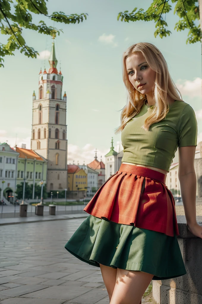 Lituania, pretty women blonde, ((In Vilnius City)), (((the Vilnius cathedrale tower))), (((wear a green top)), (((wear a red skirt)))