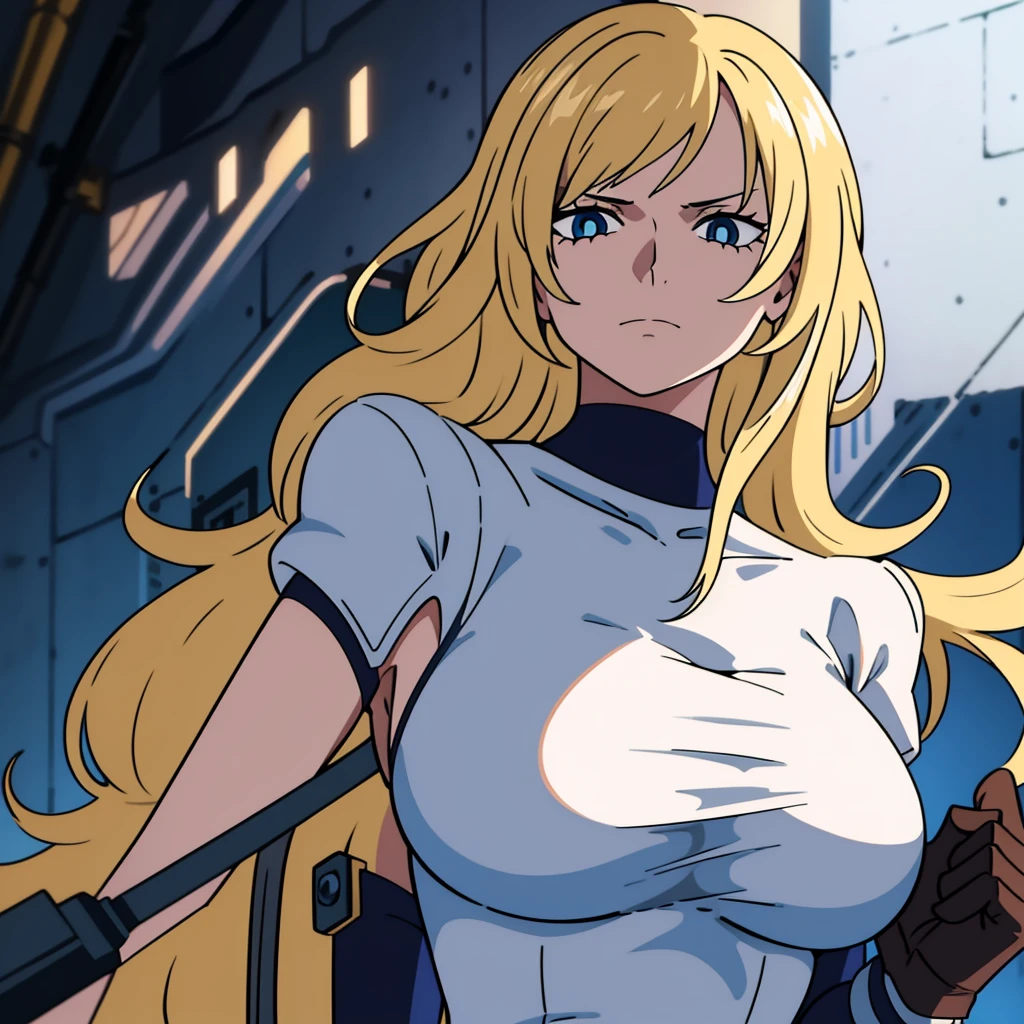 1girl, blonde_hair, blue_eyes, solo, long_hair, looking_at_viewer, breasts, holding, weapon, upper_body, bodysuit, gloves, blurry_background, closed_mouth, armor, white_gloves, large_breasts