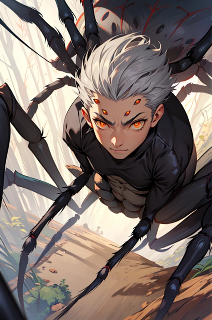 (arachne:1.3), arthropod limbs, 1boy, (adult male:1.2), bust, (solo), grey hair, short hair, hair between eyes, fair skin,white, morbid, solo, orange eyes, forest background