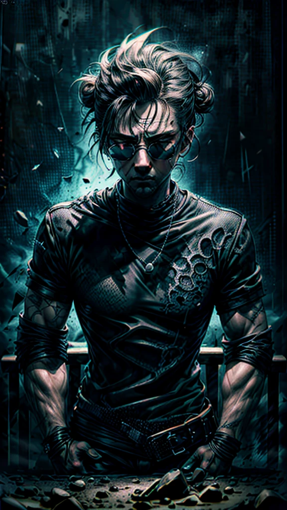 a stylish korean man with long hair tied in bun, wearing black round sunglasses, black leather gloves, dark clothing, sitting on a chair in a dark environment, dynamic point of view, (best quality,4k,8k,highres,masterpiece:1.2),ultra-detailed,(realistic,photorealistic,photo-realistic:1.37),vivid colors,dramatic lighting,chiaroscuro,dark and moody atmosphere,masculine,charismatic,punk style