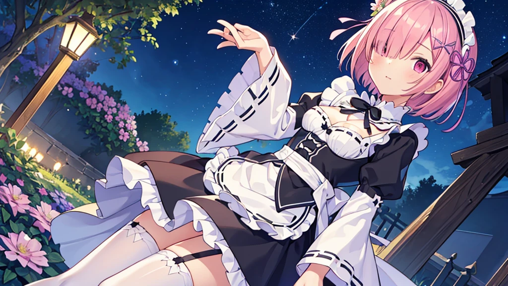 Masterpiece, Best Quality, high resolution, ram1, 1 girl, Alone, ram \(re:zero\), pink hair, white thighs, short hair, Red eyes, hair over one eye, ribbon ornament, hair band, x hair ornament, , maid headdress, waist apron, garter straps, black tie, small breasts, long sleeves, White apron, Neckband, purple ribbon, wide sleeves, hair flower, beautiful garden at night with incredible starry night sky