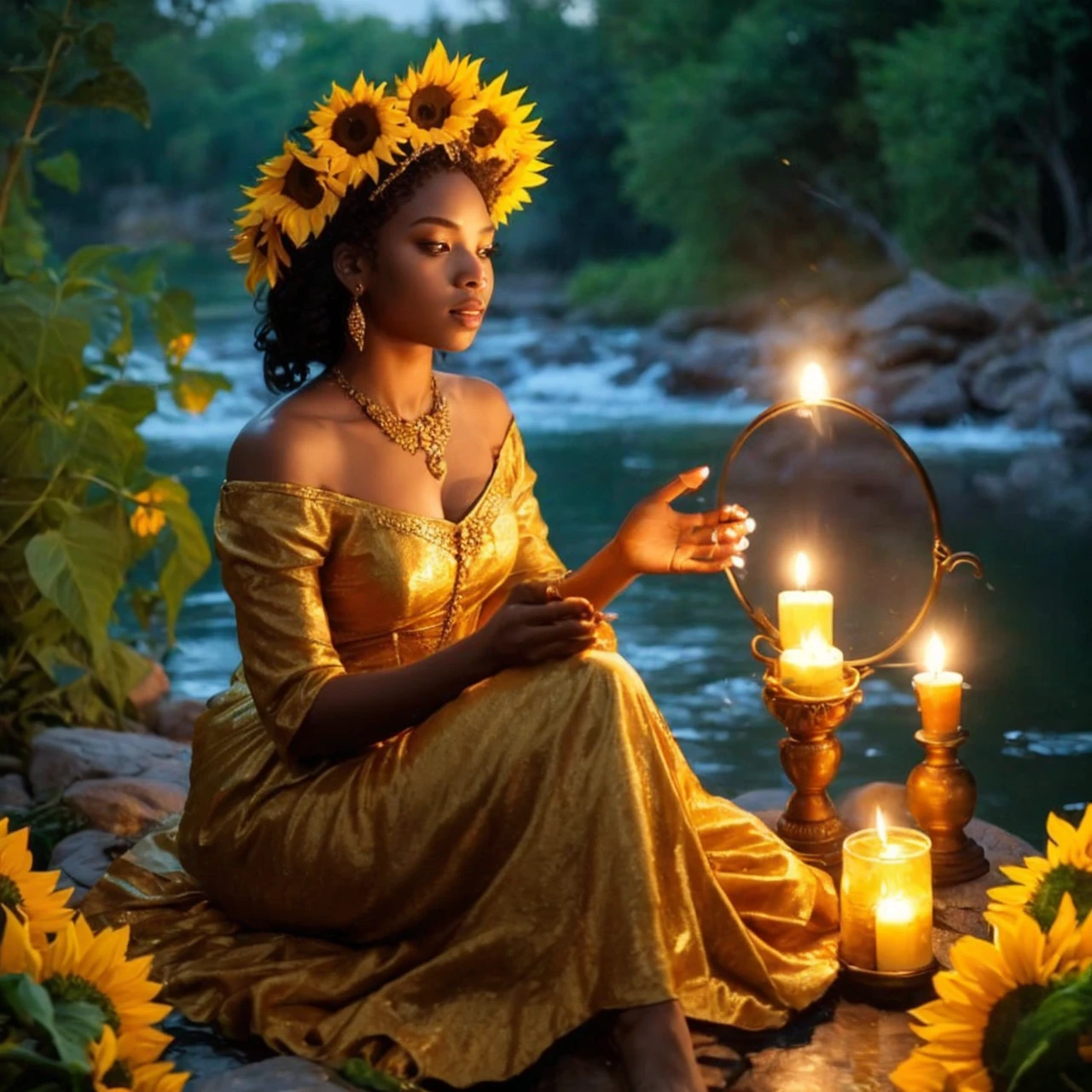 oshun have beautifu attractive face her hair is short and natural hair wearing sexy seductive luxury elegant pink and gold royalty queen dress in her hand she hold gold mirror looking at beautiful face sit on rock in magic enchanting river surround sunflowers and lightning candles baskets fruits