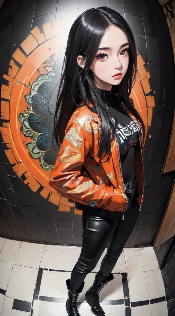 (((8k wallpaper of extremely detailed CG unit:1.2, masterpiece, hight resolution:1.2, top-quality:1.2, masutepiece))), ((a very beautiful woman, Hands in pockets:1.8, Grunge Fashion:1.2, Wearing a blouson:1.2, Wearing black leather pants, Wearing boots)), ((extra detailed face, Highly detailed black eyes:1.2, extra detailed body, Top quality real texture skins)), (A dark-haired, length hair, de pele branca, Small), ((colorful geometric pattern wall, Colorful wall)), (high-angle, Fisheye:1.3), hyper realisitic, digitial painting,