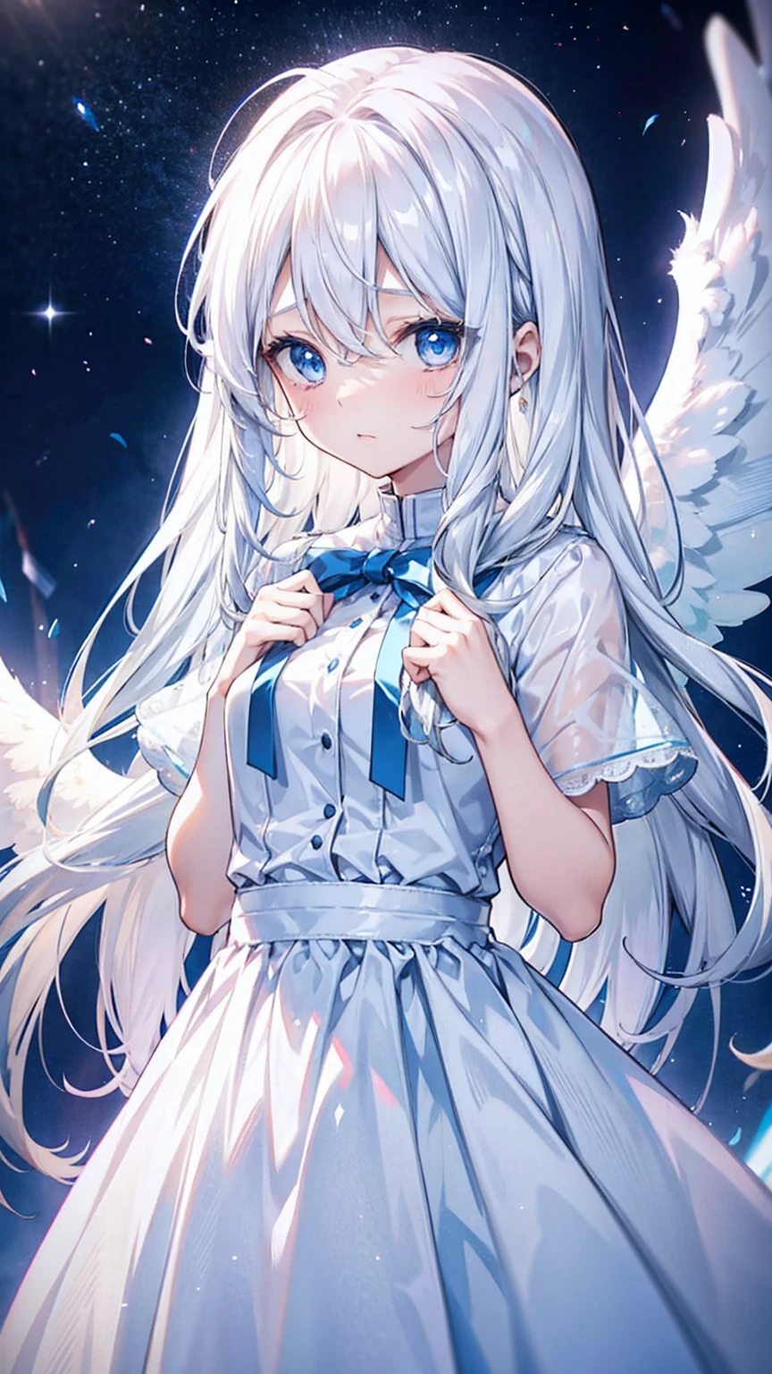 A pretty girl with long white hair and blue eyes、16 years old、He let out a loud cry of surprise.、White dress、Angel wings on the back