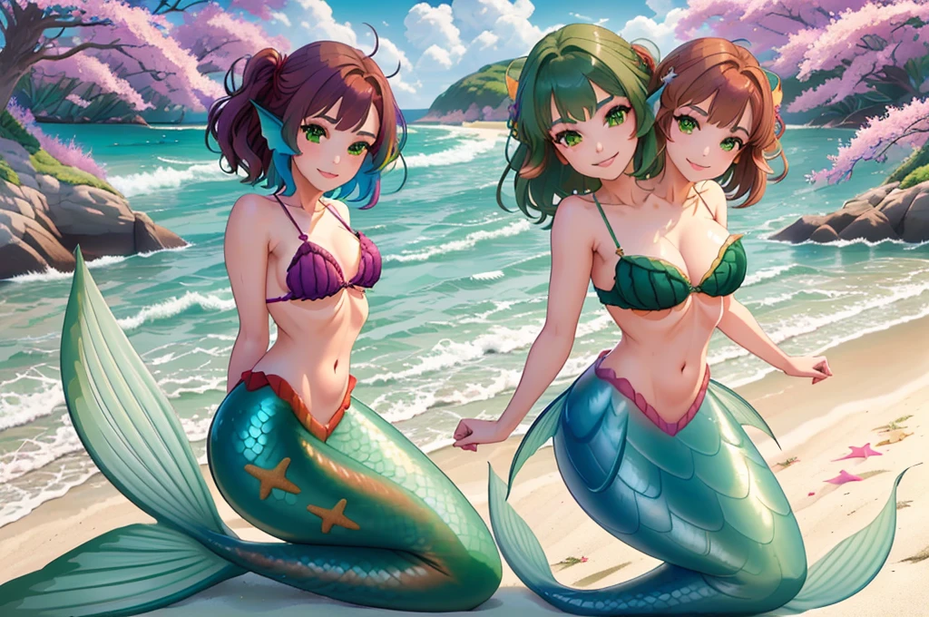 masterpiece, best quality:1.2), 1girl, smile, looking at viewer, green eyes, short brown hair, short green hair, mermaid, mermaid girl, wearing purple seashell bra, laying on beach across the sand, multicolored mermaid tail, outdoors, head fins, fin ears, under cherry blossoms, conjoined, (two heads: 1.5),