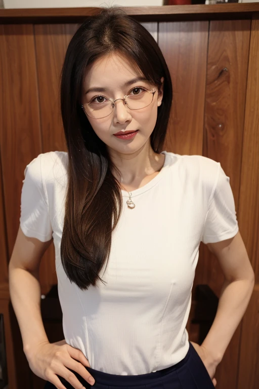Highest quality、masterpiece、High sensitivity、High resolution、Detailed Description、Slender women、Slim Body、Glasses、Embarrassing、Flip up your skirt、