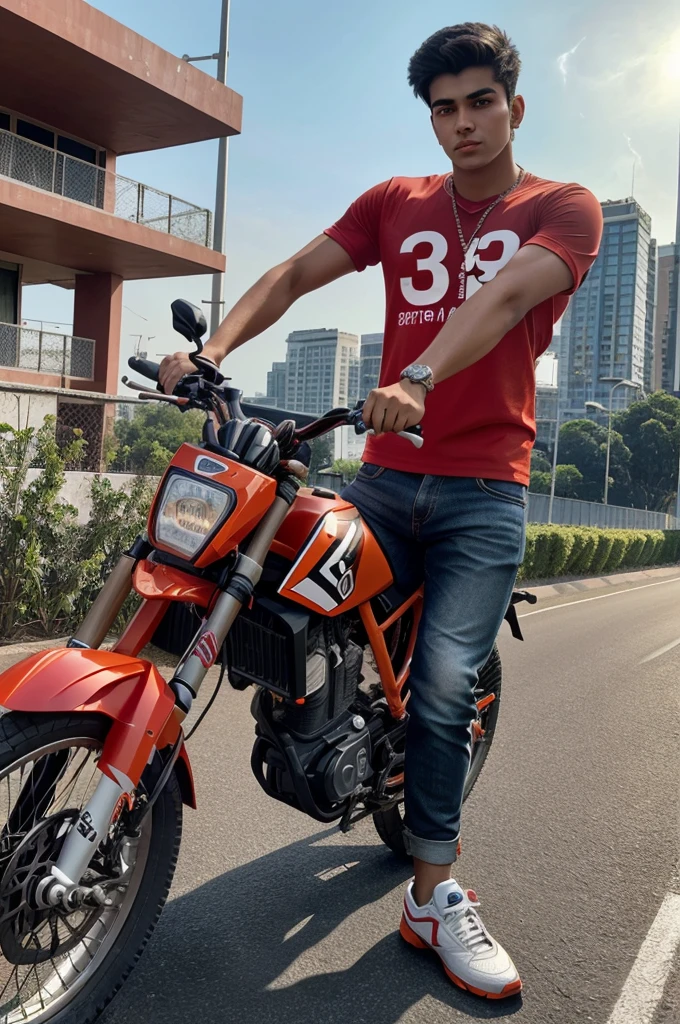 Create 3D realistic image of a 20 year old young boy, name "Karan" is written on his red t shirt. boy is looking very handsome and stylist, boy is riding KTM bike on a road. in the background there is a view of tall buildings and apartments, behind boy's bike there are cars and bike, hyper realistic photo, 3d photo