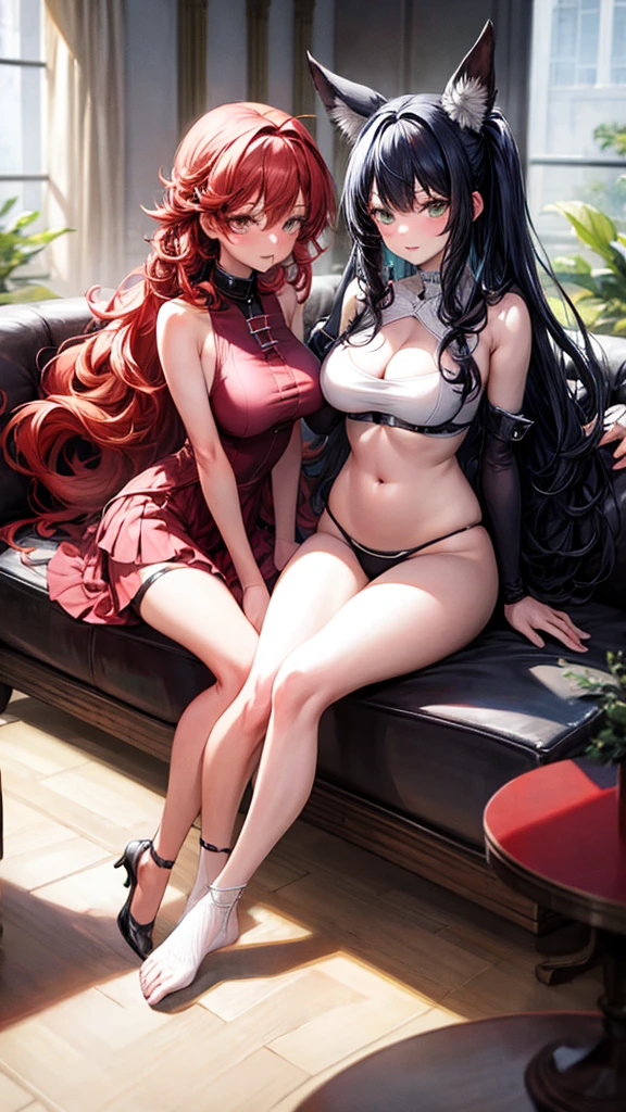 two 18 year old women, (duo), long red hair, curly black hair, posing together, perfect body, slim body, 8k, extremely detailed, best quality