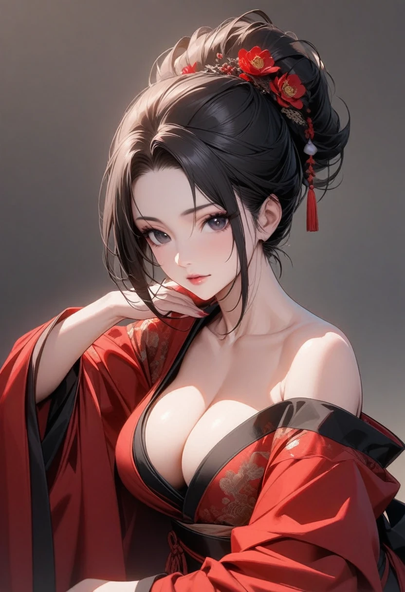 Mature women,Black long hair,Hair up,Red Hanfu,Showing cleavage,Show your shoulders,Beautiful black eyes,Extremely detailed,high resolution,Simple background