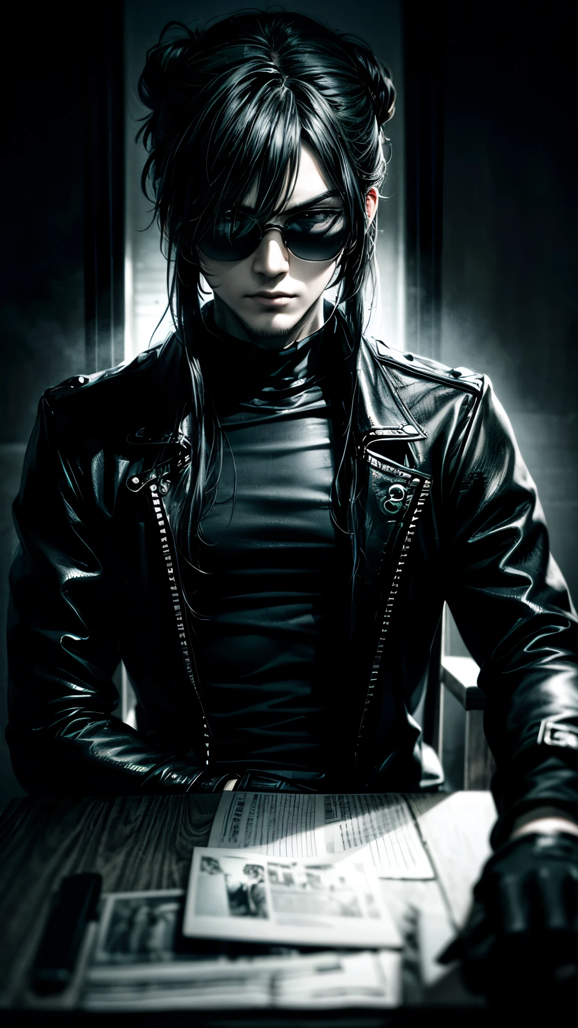 a stylish korean man with long hair tied in bun, wearing black round sunglasses, black leather gloves, dark clothing, sitting on a chair in a dark environment, dynamic point of view, best quality, ultra-detailed, photorealistic, vivid colors, dramatic lighting, chiaroscuro, dark and moody atmosphere, masculine, charismatic, punk style