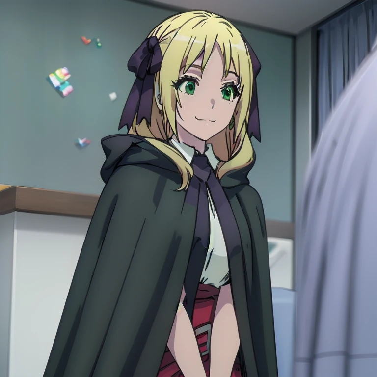 Solo, 1girl, esther rosenthal, smile, long hair, blonde hair, (green eyes:1.5), mole, mole under eye, black ribbon, black bow, hair ribbon, skirt, black cloak, cape, best quality, room