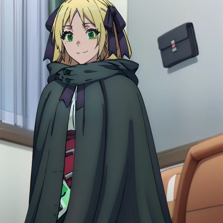 Solo, 1girl, esther rosenthal, smile, long hair, blonde hair, (green eyes:1.5), mole, mole under eye, black ribbon, black bow, hair ribbon, skirt, black cloak, cape, best quality, room