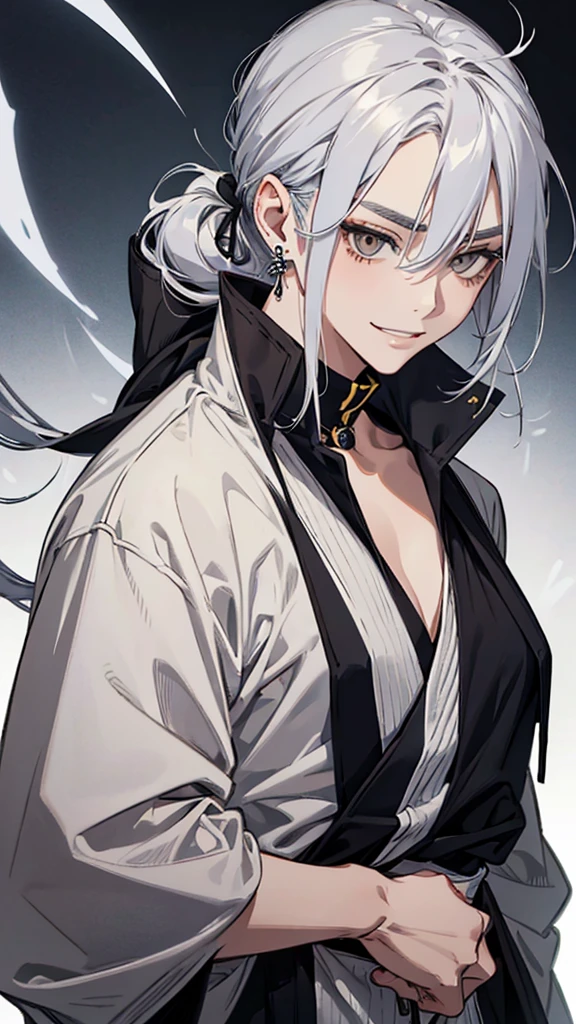 Man, Japanese, silver hair, cold expression, thin eyebrows, slanted eyes, gray eyes, long hair tied up, black cardigan, yellow ring earrings, upper body, arms down, wicked smile