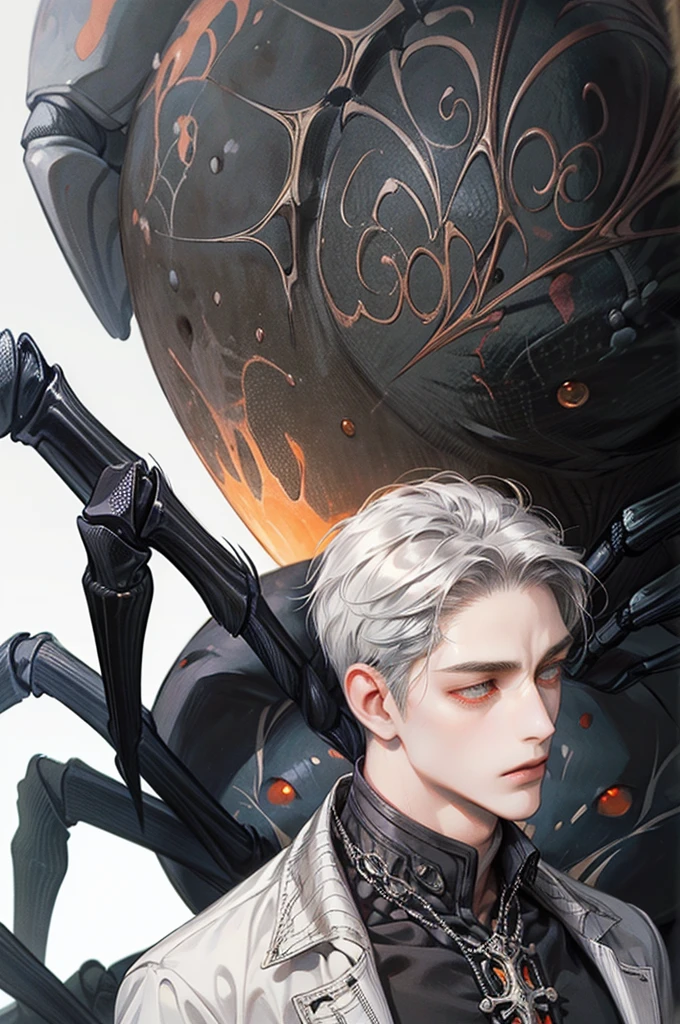 (arachne:1.3), arthropod limbs, 1boy, (adult male:1.2), bust, (solo), grey hair, short hair, hair between eyes, fair skin,white, morbid, solo, orange eyes, forest background