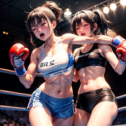 Boxing in the ring。Dynamic punch。Two injured Japanese female heavyweight boxers。Sweating a lot。One eye closed, out of breath。Drooling。Boxing gloves。Sports Bra。High leg panties。