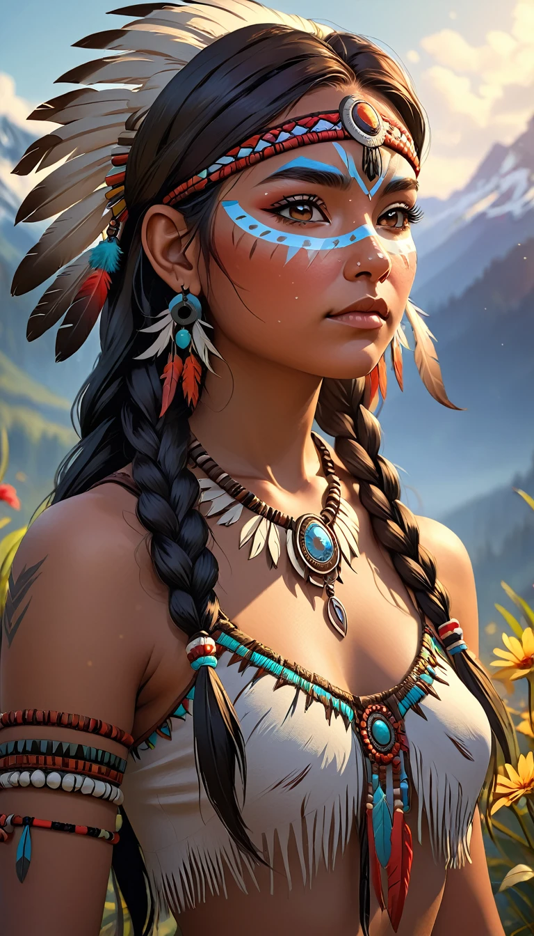 One girl,Native American, feather,hair ornaments,jewelry,necklace,Tribal,Head ornament,Bracelet,Face Paint,Braiding,bracelet, Wow_fast_no_Freezing_style, One girl in full growth, 最high quality, masterpiece, Super detailed, high quality, perfect nose, Highly detailed skin, Warm skin tone, Rebellion 512, RAW Photos, 最high quality, High resolution, (masterpiece), dream-like, dream-like, modelshoot style, analog style, Tone Mapping, Realistic, Professional photography, Sharp focus, High resolution, 8K resolution, Exquisite detail, Refined details, Super detailed, (Depth of written boundary), Highlights and Shadows, Volumetric lighting, Cinematic Flowers, Professional Light, View your viewers, Spotted,Simple Background