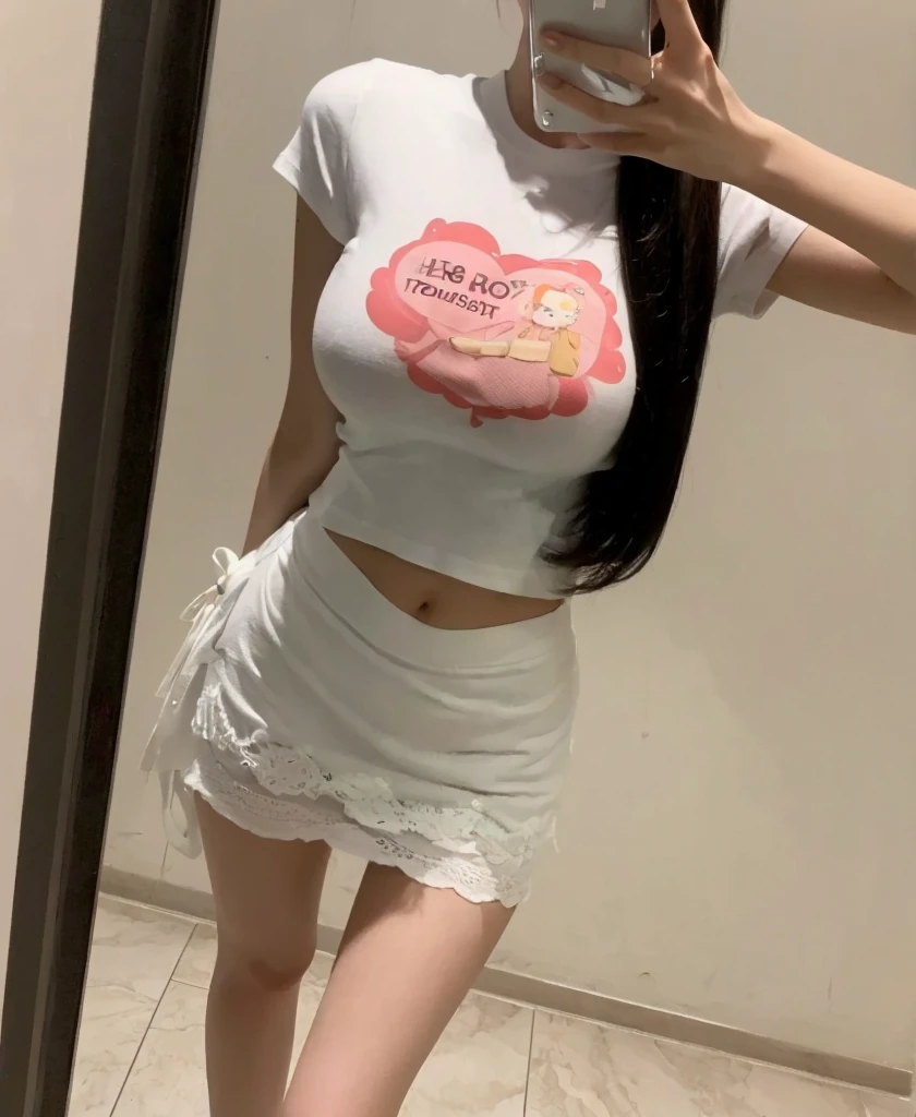 ((Best Quality, 8K, Masterpiece: 1.3)), 1girl, (long hair, Hairstyle Casual, Big Breasts: 1.2), Wearing white tee and mini skirt : 1.2, Home