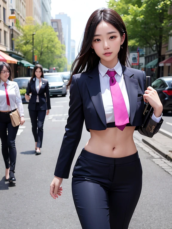 Women in Professional crop top, suit, pants, walking to work, show belly, realistic bellybutton shape, necktie,