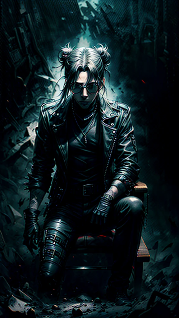 a stylish korean man with long hair tied in bun, wearing black round sunglasses, black leather gloves, dark clothing, sitting on a chair in a dark environment, dynamic point of view, best quality, ultra-detailed, photorealistic, vivid colors, dramatic lighting, chiaroscuro, dark and moody atmosphere, masculine, charismatic, punk style