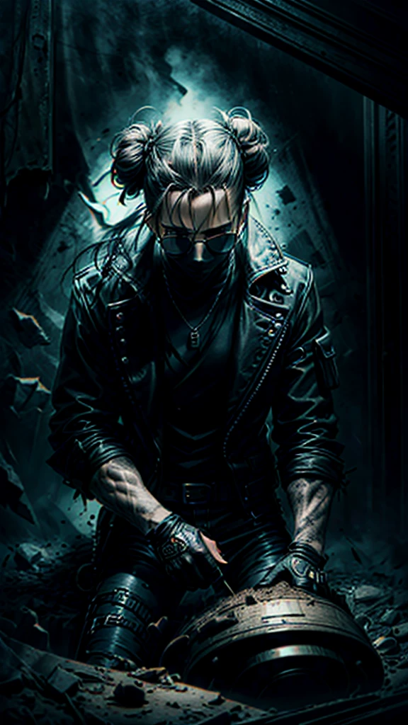 a stylish korean man with long hair tied in bun, wearing black round sunglasses, black leather gloves, dark clothing, sitting on a chair in a dark environment, dynamic point of view, best quality, ultra-detailed, photorealistic, vivid colors, dramatic lighting, chiaroscuro, dark and moody atmosphere, masculine, charismatic, punk style