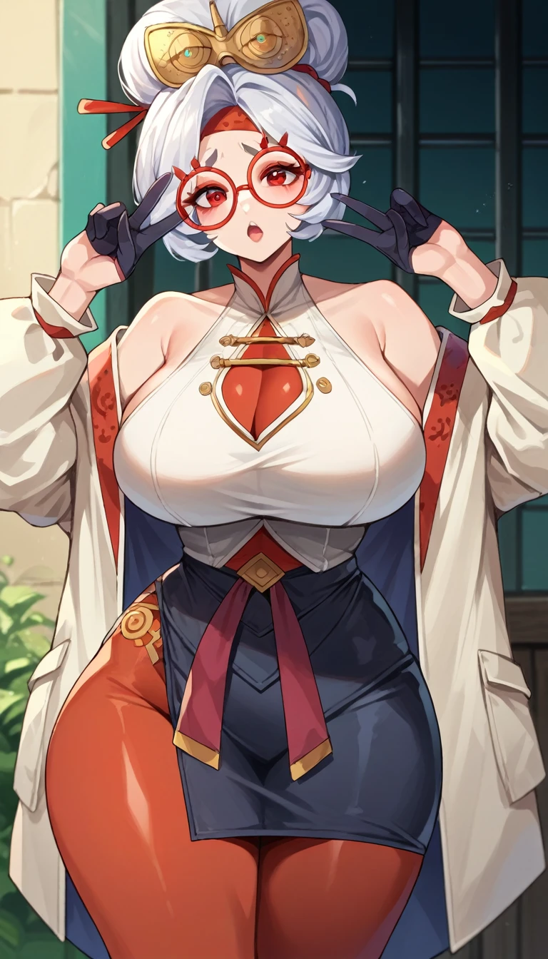 score_9, score_8_up, score_7_up, score_6_up, score_5_up, score_4_up, (source_anime), purah, 1girl, huge breasts, narrow waist, thick thighs, hair ornament, red headband, red glasses, sleeveless shirt, white coat, black skirt, red leggings, gloves, high heels, ahegao,(Open legs:1.5)(((nsfw)))((question mark))(doublePeace)