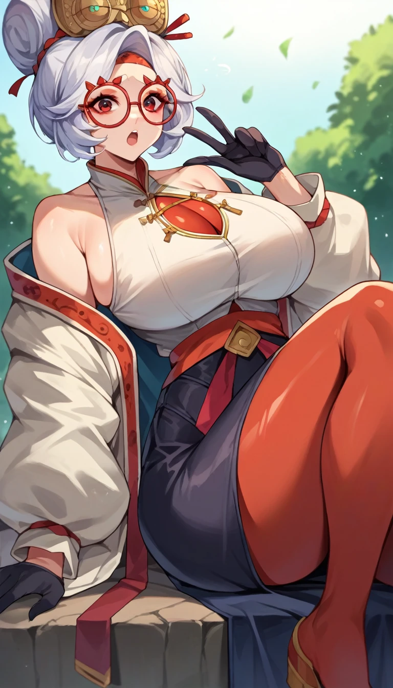 score_9, score_8_up, score_7_up, score_6_up, score_5_up, score_4_up, (source_anime), purah, 1girl, huge breasts, narrow waist, thick thighs, hair ornament, red headband, red glasses, sleeveless shirt, white coat, black skirt, red leggings, gloves, high heels, ahegao,(Open legs:1.5)(((nsfw)))((question mark))(doublePeace)