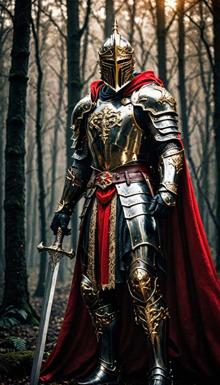 A strong man warior, he have a hero dark fullset medival armour, and a red hero cape, he have a big sword with gold details, in background a fantastic dark forest, cinematic style, high details, master piece
