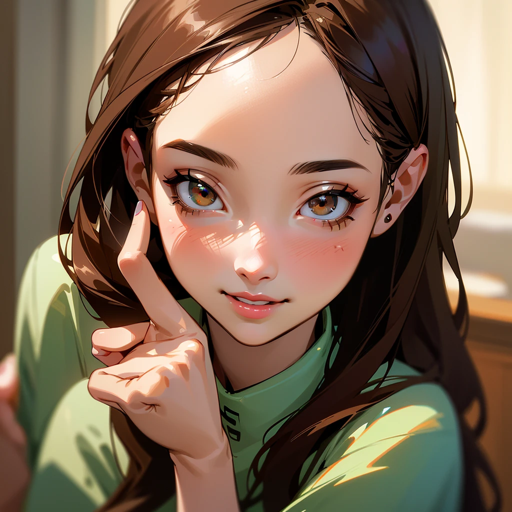 (masterpiece, best quality, ultra-detailed, highres, 4k),(beautiful detailed eyes),(very detailed face),(1girl),HDR,long hair, cute, brown eyes, brown hair, cellphone,  watch, lips, solo focus, nail polish, blurry background, smile, wristwatch, realistic, blurry, looking at viewer