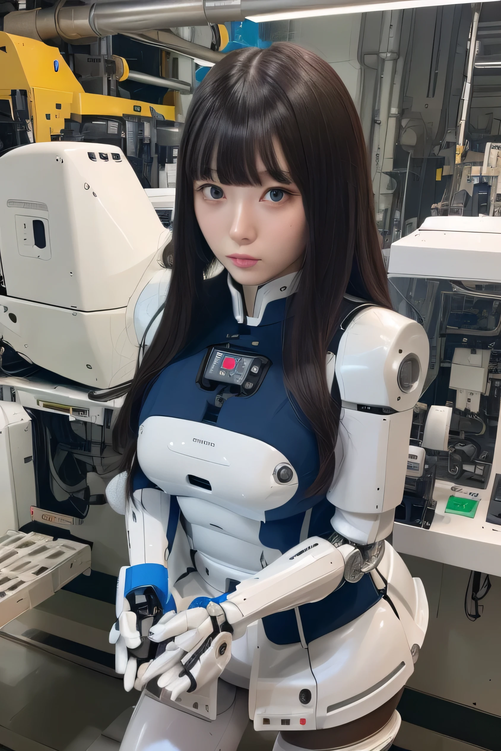 masterpiece, best quality, extremely detailed, Japanese android girl,Plump ,control panels,robot arms,robot,android,cyborg,white robot body,ceramic body,perfect robotgirl,blunt bangs,robot repair plant,chubby,pantyhose,platform sneaker,blue eyes,
