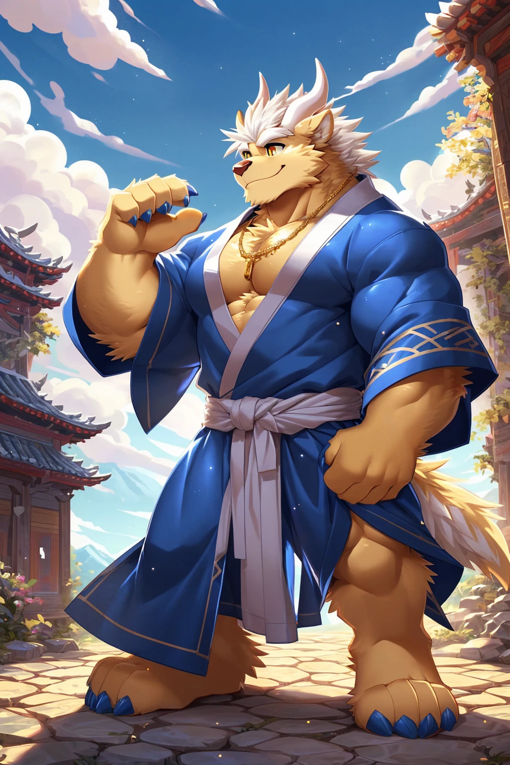 (sfw:1.5), male focus, Handsome 1boy, solitary, single,protrait photo, (White thick eyebrows:1.4), (Dark blue nails, Dark blue claws:1.3), Light golden skin, Light blond hair, (Pale golden tail:1.4), (perfect golden eyes:1.4), (Pale golden ears, Light golden body:1.3), (White horn, White curved corner:1.4), (White hair:1.4),
Kirin, feet, kirin, kirin boy, kirin body, (large eyes:1.4), (Kirin尾巴:1.4), (Chubby, The body is huge, Larger face:1.4), (Human feet:1.3), (Five fingers:1.4), (Four toes:1.4), (Bare neck:1.4),
(Hanfu:1.5), (宽松的Short-sleeved robe:1.4), (Dark blue robe, Dark blue robe, Short-sleeved robe, Short-sleeved robe:1.3), (Gold strap:1.3), (A golden jade pendant hangs around the waist:1.3), (Golden robe texture:1.3), (sparkling, Golden, Sparkling:1.5),
(full body:1.3), (Mature men:1.4), (Strong body, muscle,Strong male, muscle男:1.3), (Chest muscles:1.3), (Thick arms, Strong and strong legs, Strong legs:1.3), (look up, Standing:1.3), (Looking at the audience, Focus, Eyes gaze:1.2), (Innocent, Innocent, simple, pure, Sunny and cheerful:1.3), (Smile:1.3),
full background, (ground, Blue sky, White Cloud, daytime:1.2), Mountain, Ancient buildings, outdoor,
Mysterious and romantic atmosphere, Caustic lines(refraction, polarization)Perfect anatomical structure, absurd, Detailed background, (Delicate eyes:1.3), Printing style。((artist:Takemoto Arashi))