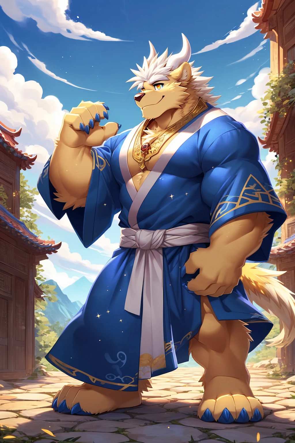 (sfw:1.5), male focus, Handsome 1boy, solitary, single,protrait photo, (White thick eyebrows:1.4), (Dark blue nails, Dark blue claws:1.3), Light golden skin, Light blond hair, (Pale golden tail:1.4), (perfect golden eyes:1.4), (Pale golden ears, Light golden body:1.3), (White horn, White curved corner:1.4), (White hair:1.4),
Kirin, feet, kirin, kirin boy, kirin body, (large eyes:1.4), (Kirin尾巴:1.4), (Chubby, The body is huge, Larger face:1.4), (Human feet:1.3), (Five fingers:1.4), (Four toes:1.4), (Bare neck:1.4),
(Hanfu:1.5), (宽松的Short-sleeved robe:1.4), (Dark blue robe, Dark blue robe, Short-sleeved robe, Short-sleeved robe:1.3), (Gold strap:1.3), (A golden jade pendant hangs around the waist:1.3), (Golden robe texture:1.3), (sparkling, Golden, Sparkling:1.5),
(full body:1.3), (Mature men:1.4), (Strong body, muscle,Strong male, muscle男:1.3), (Chest muscles:1.3), (Thick arms, Strong and strong legs, Strong legs:1.3), (look up, Standing:1.3), (Looking at the audience, Focus, Eyes gaze:1.2), (Innocent, Innocent, simple, pure, Sunny and cheerful:1.3), (Smile:1.3),
full background, (ground, Blue sky, White Cloud, daytime:1.2), Mountain, Ancient buildings, outdoor,
Mysterious and romantic atmosphere, Caustic lines(refraction, polarization)Perfect anatomical structure, absurd, Detailed background, (Delicate eyes:1.3), Printing style。((artist:Takemoto Arashi))