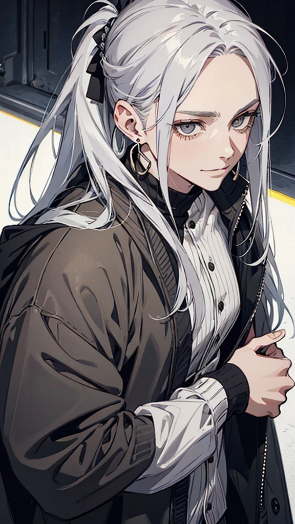 Man, silver hair, cold expression, no eyebrows, slanted eyes, gray eyes, long hair tied up, black cardigan, yellow ring earrings, upper body, arms down, nasty smile