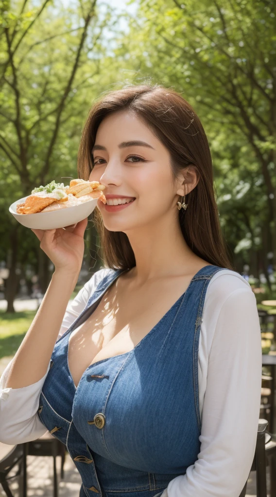 ((Best Quality, 8K, Masterpiece: 1.3)), Upper Body (1.3), Colossal (5), ((huge-breasted: 1.2)), Outstanding Style, Gentle Face, Parallel Eyebrows, Smile, Natural Makeup, Clothes that emphasize cleavage, Refreshing, Eat lunch at a café in the sun through the trees in the city