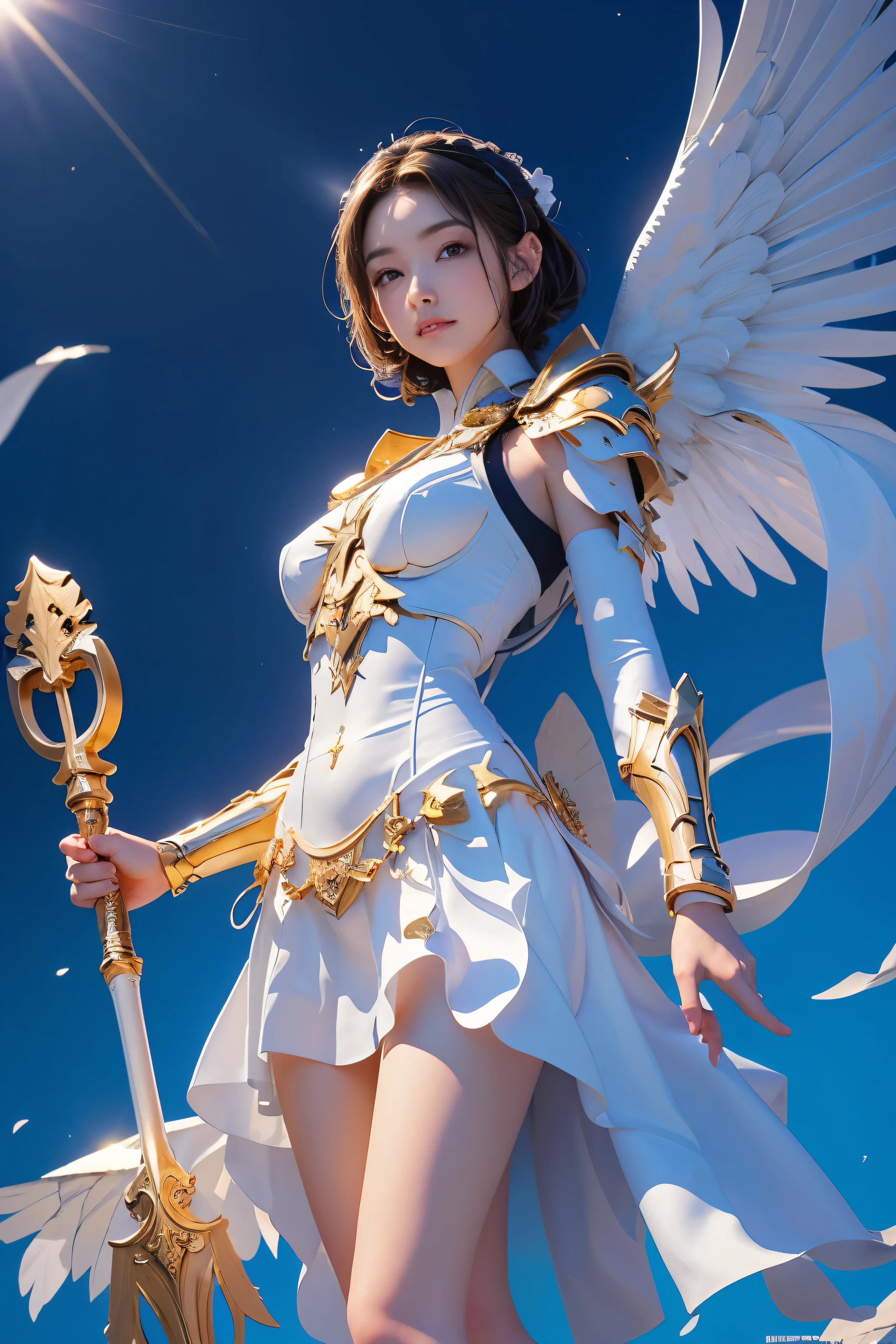 8K, masterpiece, ((angel of justice)),(Reflect the dizzying light on the blade), white feathers, Equipped with golden armor over a white dress,shining eyes,blue sky background, wrap skirt,