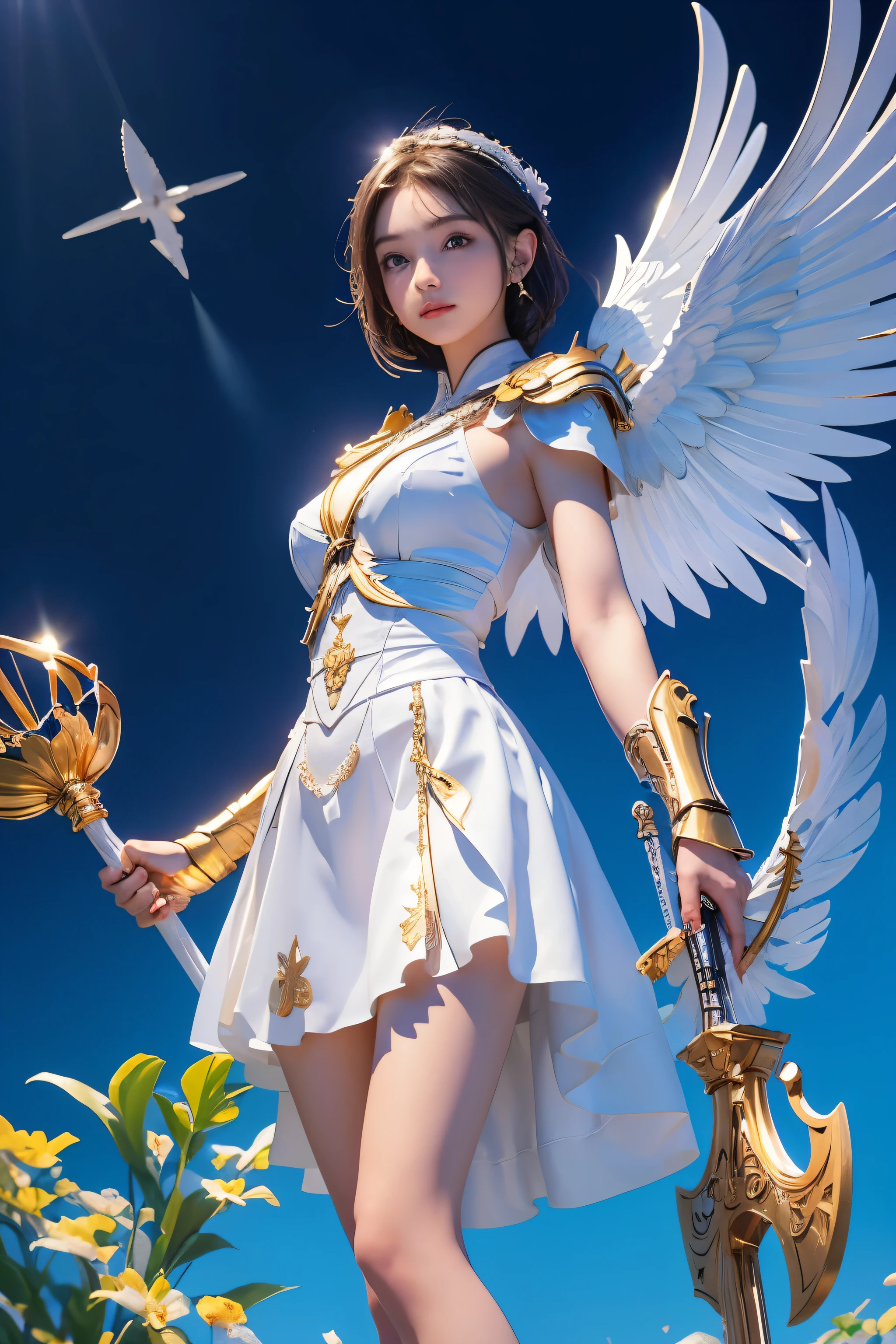 8K, masterpiece, ((angel of justice)),(Reflect the dizzying light on the blade), white feathers, Equipped with golden armor over a white dress,shining eyes,blue sky background, wrap skirt,