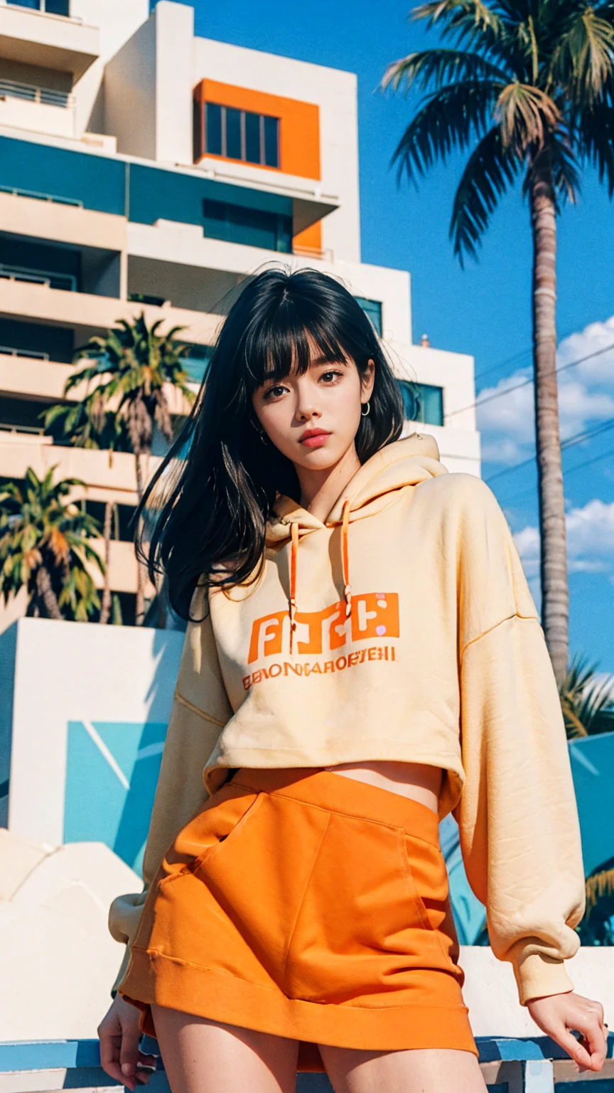 ((long shot photography)) ((best quality)), ((masterpiece)), (detailed),upper body,close-up, 8k, RAW photo,1 girl,real Polaroid photo, beautiful, ultra-realistic,detail face, light leak,dark intens shadow, black bob hair, almond eye, no makeup,wear ((orange oversized hoodie)), (purple tennis skirt)), t, in front of ((80's architecture colorful mondrian motel)), (realistic:1.1), (surreal:1.2), (very detailed:1.1), ((masterpiece)),(sharp focus), (palm trees),summer, blue sky,sunny, los angles vibes