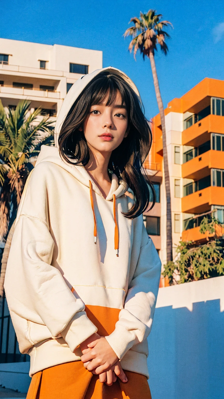 ((long shot photography)) ((best quality)), ((masterpiece)), (detailed),upper body,close-up, 8k, RAW photo,1 girl,real Polaroid photo, beautiful, ultra-realistic,detail face, light leak,dark intens shadow, black bob hair, almond eye, no makeup,wear ((orange oversized hoodie)), (purple tennis skirt)), t, in front of ((80's architecture colorful mondrian motel)), (realistic:1.1), (surreal:1.2), (very detailed:1.1), ((masterpiece)),(sharp focus), (palm trees),summer, blue sky,sunny, los angles vibes
