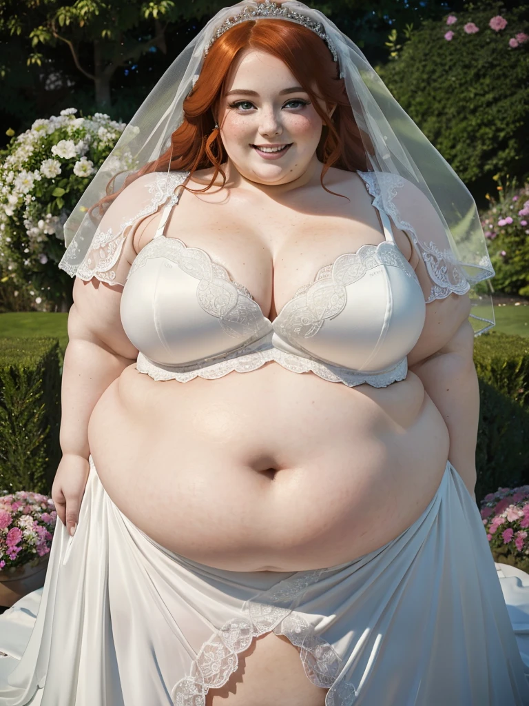 A Happy photo of a young beautiful redhead bbw bride with soft fat belly, wide fat obese hips, thick fat legs and fat arms, cute pretty face, small breasts, blue eyes, freckles, in an elegant detailed covering wedding dress in a beautiful flowery marriage garden