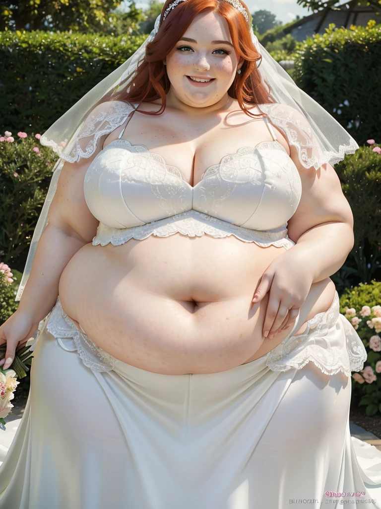 A Happy photo of a young beautiful redhead bbw bride with soft fat belly, wide fat obese hips, thick fat legs and fat arms, cute pretty face, small breasts, blue eyes, freckles, in an elegant detailed covering wedding dress in a beautiful flowery marriage garden