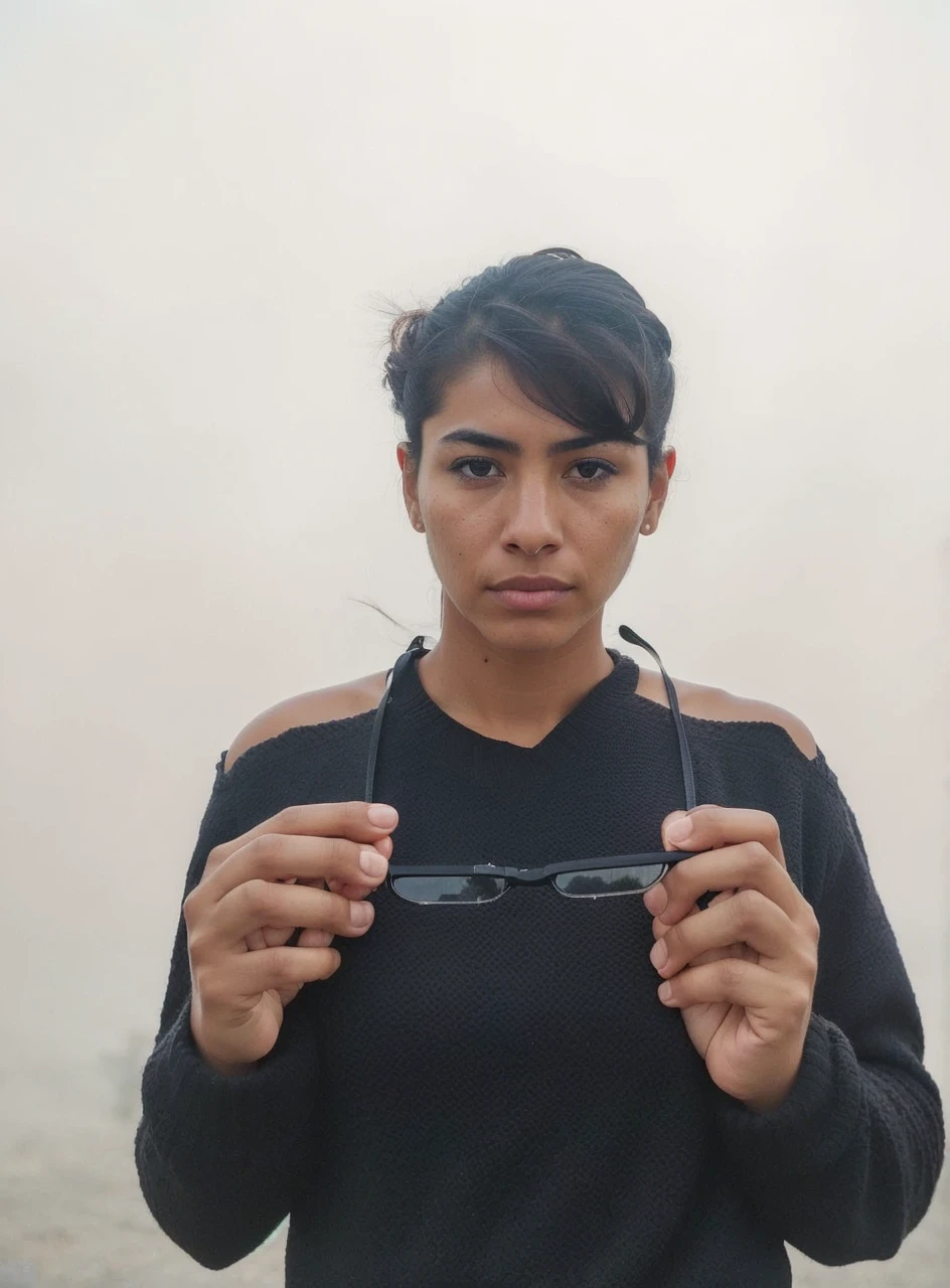 world press photo winner, (award-winning photography:1.3), (modern Mexican woman, beautiful face, young woman, Mexican skin tone, typical Mexican female features:1.4), (very sharp photo:1.1), (8k, RAW photo, best quality:1.3), (realistic, photo-realistic, feminine, modest clothes:1.1), Craggy mountain range, rocky terrain, dramatic peaks, cold, challenging, inspiring, Portait of a (beautiful typical modern Mexican woman outdoors:1.5), analog style (look at viewer:1.2) (skin texture) (film grain:1.3), (warm hue, warm tone:1.2), close up, cinematic light, sidelighting, ultra high res, best shadow, RAW, upper body, wearing pullover, Microgeometry, skin elasticity, light scattering through hair, ambient occlusion, multi-layer skin shading, facial muscle simulation, iris and pupil rendering, advanced color grading