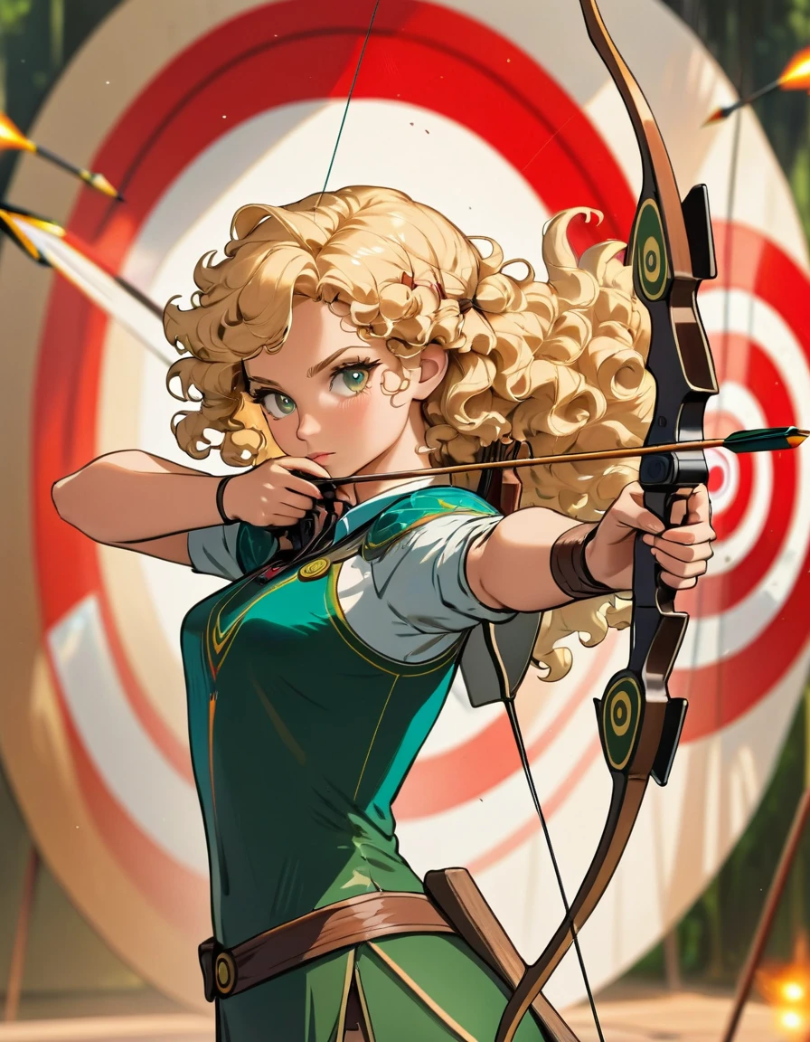 (A female archer at a shooting range aiming a bow and arrow at a target in the distance), 1girl, Alone, blonde hair, curly hair, long hair, ambar eyes, archer pose, perfect body, (anatomically correct), Masterpiece, The best quality, high detail