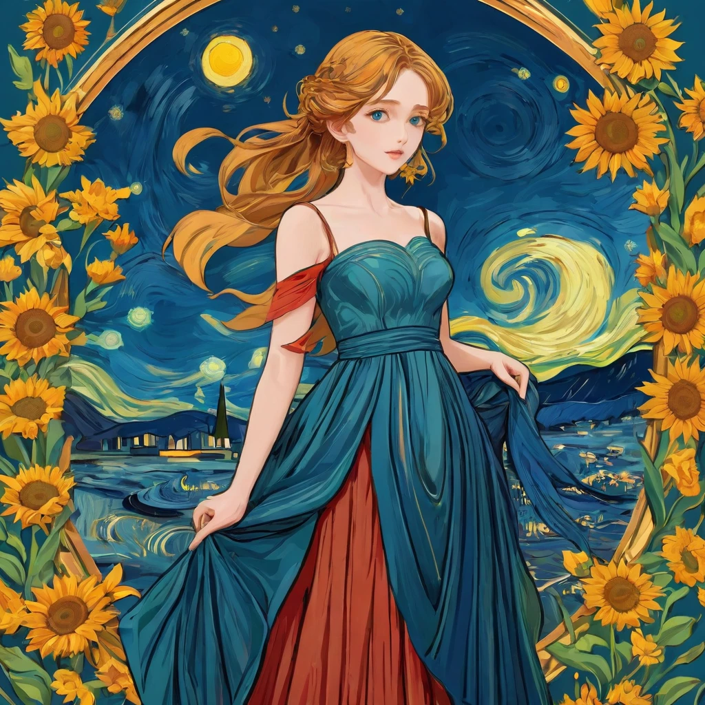 (a sticker,),(3D anime girl),long dress, elegance,beautyful face,(In circlerown background), (van gogh border)， ultra - detailed, best quality, Detailed diagram, vectorized, 8K, Professional a sticker design, Graphic design, vector lines, a sticker, Full-HD