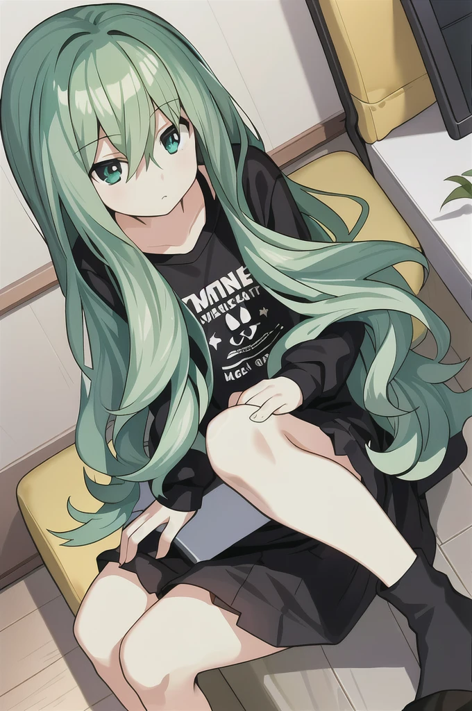 (masterpiece:1.1, best quality, highly detailed), dynamic angle, 1girl, sitting, natsumi normal, black shirt, living room, television, bright, green hair,