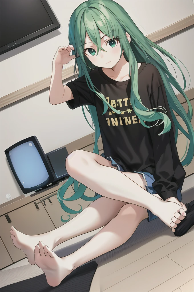 (masterpiece:1.1, best quality, highly detailed), dynamic angle, 1girl, sitting, natsumi normal, black shirt, living room, television, bright, green hair,