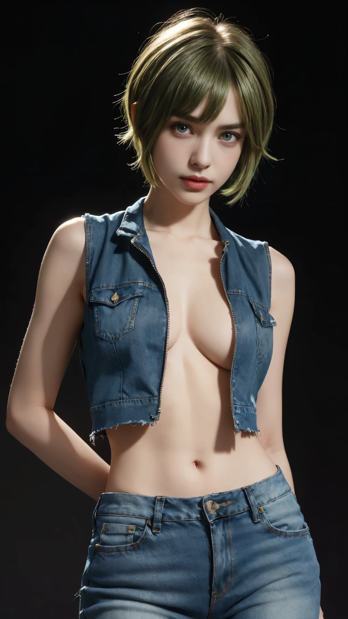 8K, Top Quality, Intricate Details, Ultra Detail, Ultra High Resolution, Masterpiece, close up shot, (full body: 1.1), Slender, Smile, (Makeup: 0.4), ,((purple eyes, green hair, bangs, short hair, random short hairstyle)), (Fluffy Eyes: 1.21), (()), 1girl, solo, 1 girl, (()), close up shot, , ((tall)), (((fit body))), (((slim face))), sharp face, ((mini open vest, denim open vest, torn denim, open zip denim)) ,(detailed face), sharp face, small lips, , ,(( )) ,, ,
((,no bra, braless )), , (( )), detailed face, detailed breast, large breast ,huge breast, detail nipples ,, Narrow Waist, Skinny, tall , 190 cm tall, Muscular, Navel, Exposed Abdomen, Pointed Chest,, Beautiful girl with accentuated slender abs: 1.4, Six Pack Abs: 1.4, , Perfect Body, detail legs, (( dark background)), black background,
