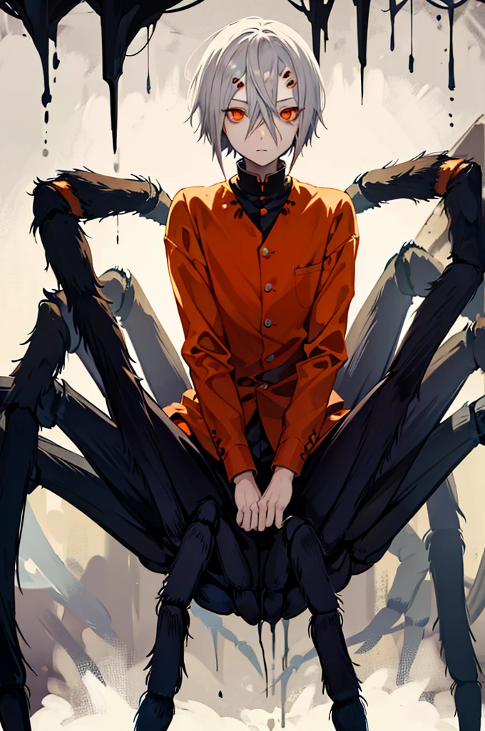 (arachne:1.3), arthropod limbs, 1boy, (adult male:1.2), bust, (solo), grey hair, short hair, hair between eyes, fair skin,white, morbid, solo, orange eyes, forest background