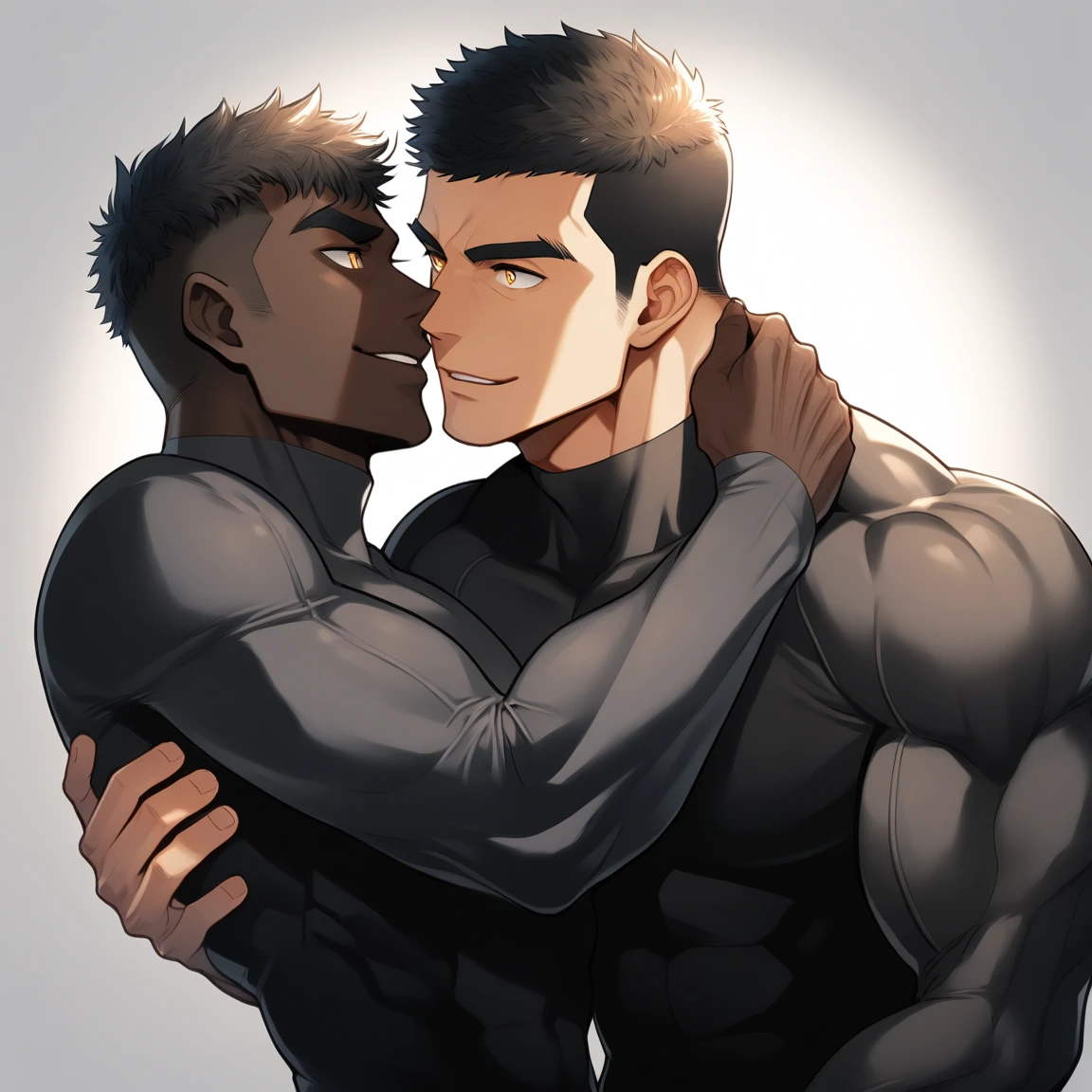 anime characters:Two superheroes in tights, Muscle superhero, negro black skin, They hugged and kissed each other, Bite your neck, Caress, Manliness, male focus, Yellow and black high collar long sleeve tight T-shirt, Slightly transparent material, Very tight, Round, full and perky chest muscles, Muscle waist, Slightly transparent, muscular male, muscular, only, Upper body, alone, Black short hair, Thick eyebrows, stubble, Yellow eyes, Grey background, simple background, amazing quality, best aesthetics, Ridiculous, bright pupils, crew cut, parted lips, seductive smile, torogao, naughty face, drop shadow, best quality